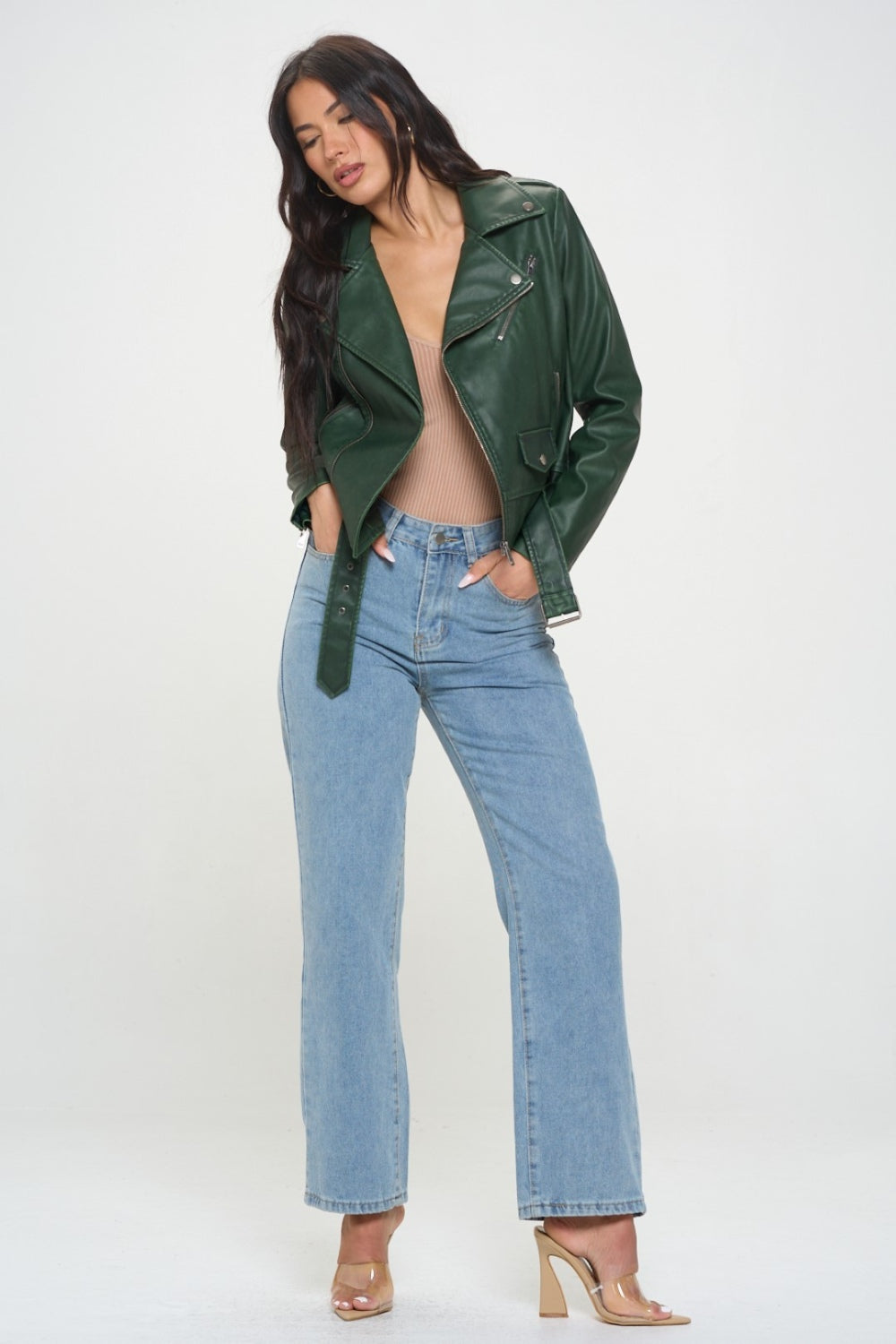 Coalition LA Zip Up Biker Jacket with Belt in Green