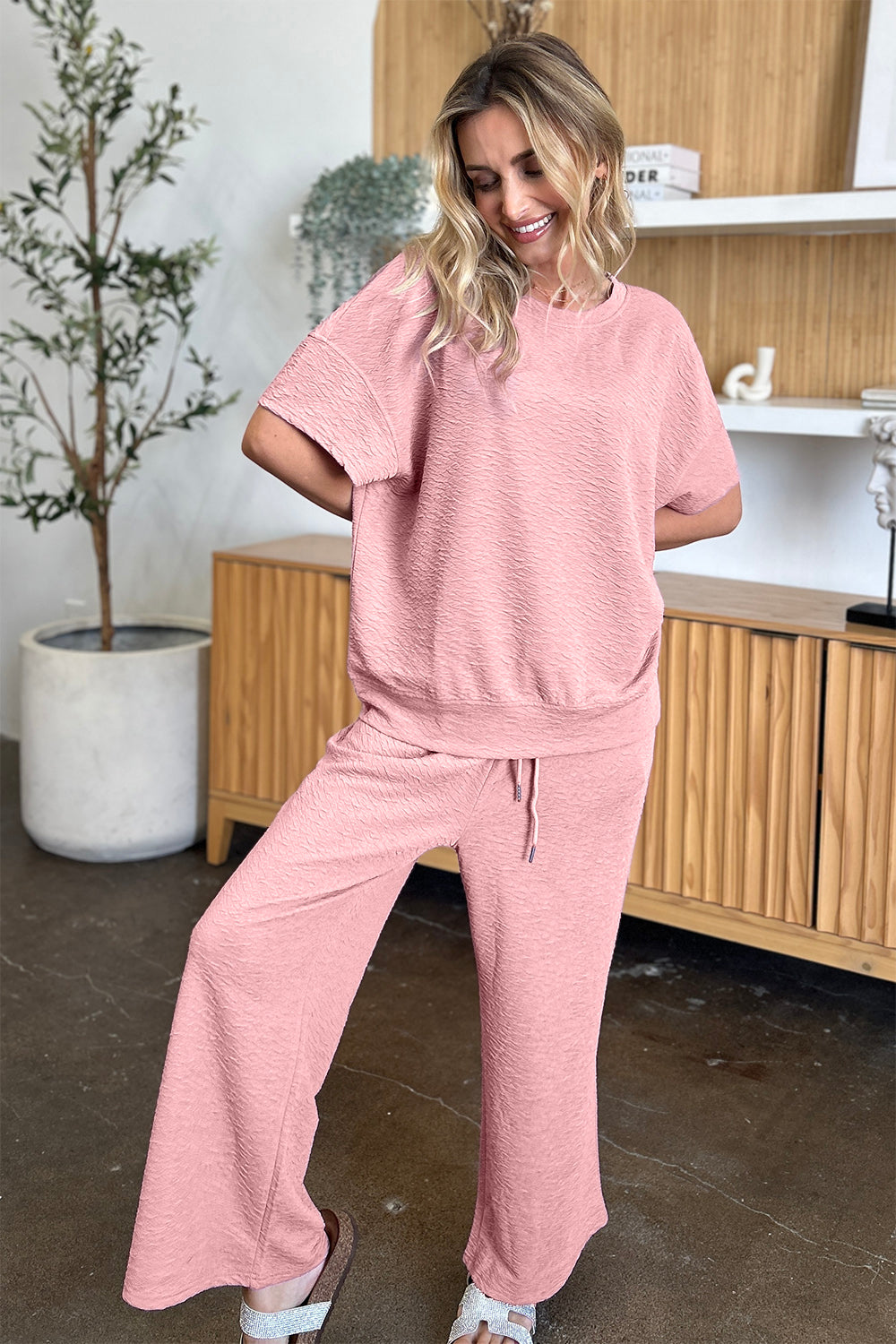 Double Take Texture Short Sleeve Top and Pants Set