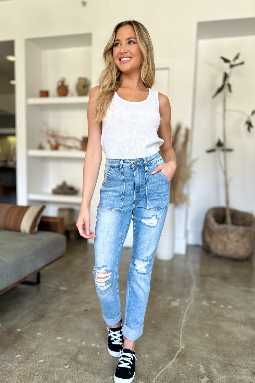 Judy Blue Elana Distressed Straight Jeans with Patch Pockets