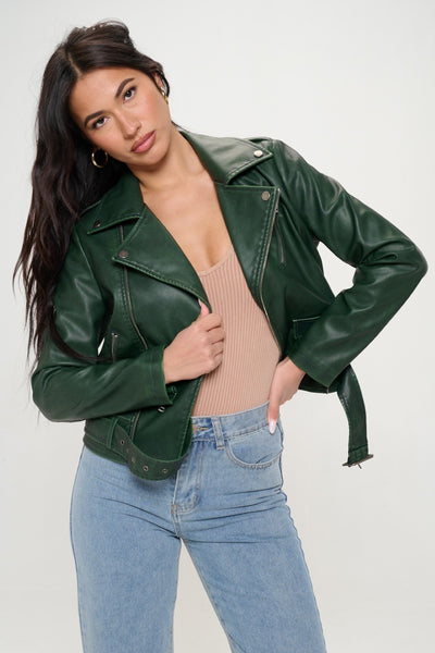 Coalition LA Zip Up Biker Jacket with Belt in Green