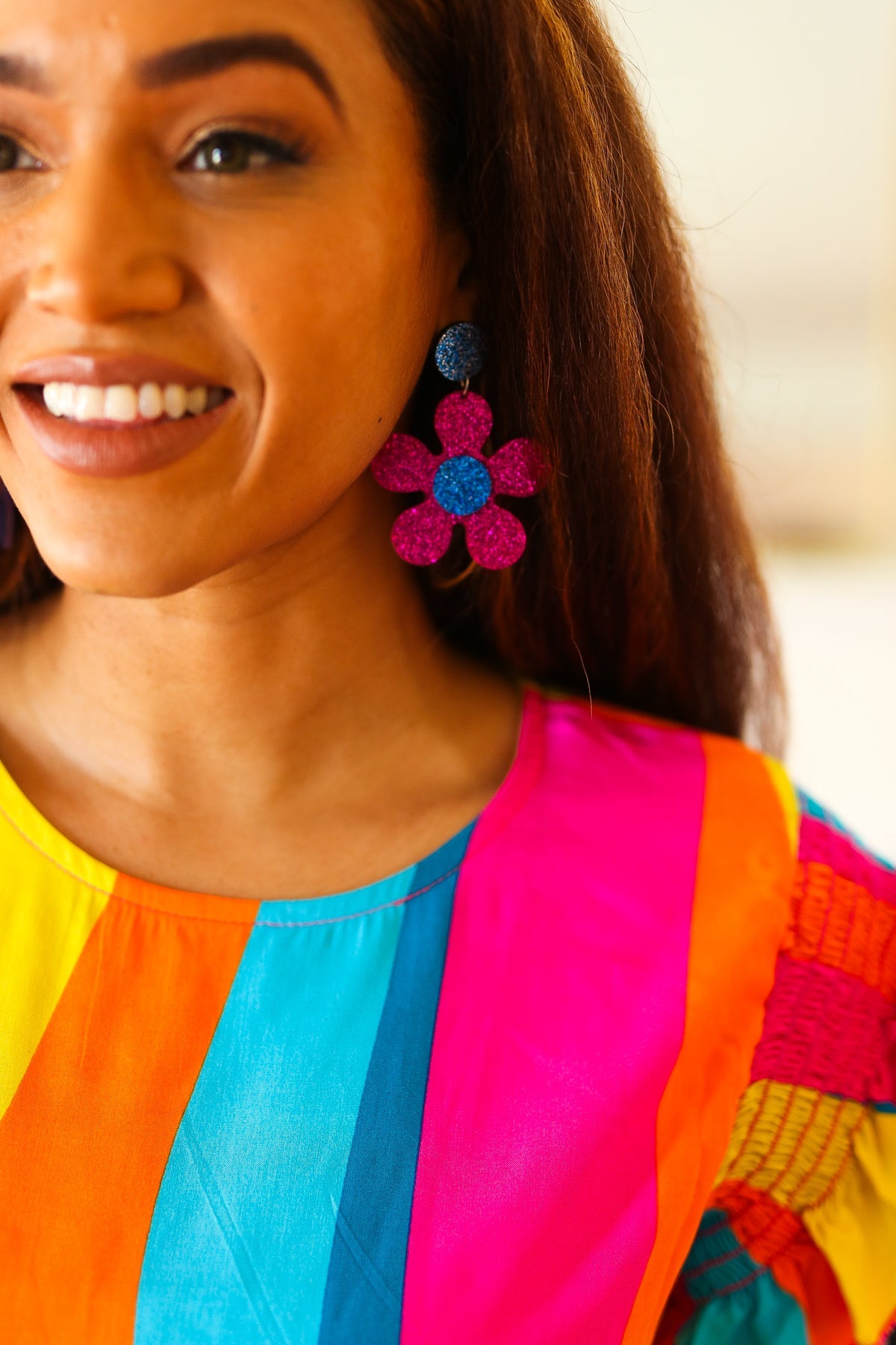 Mod Daisy Earrings - Blue & Magenta Glitter