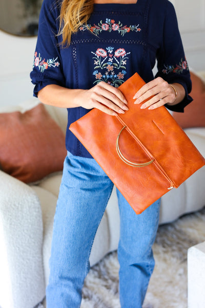 Fold Over Gold O-Ring Vegan Leather Clutch - Burnt Sienna