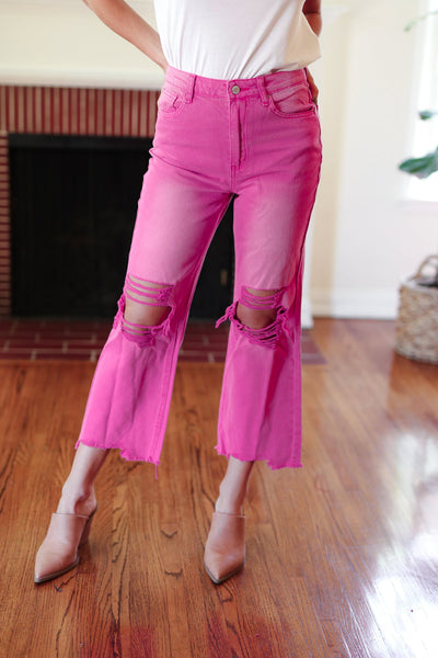 Cut Loose Distressed Cropped Pants in Hot Pink