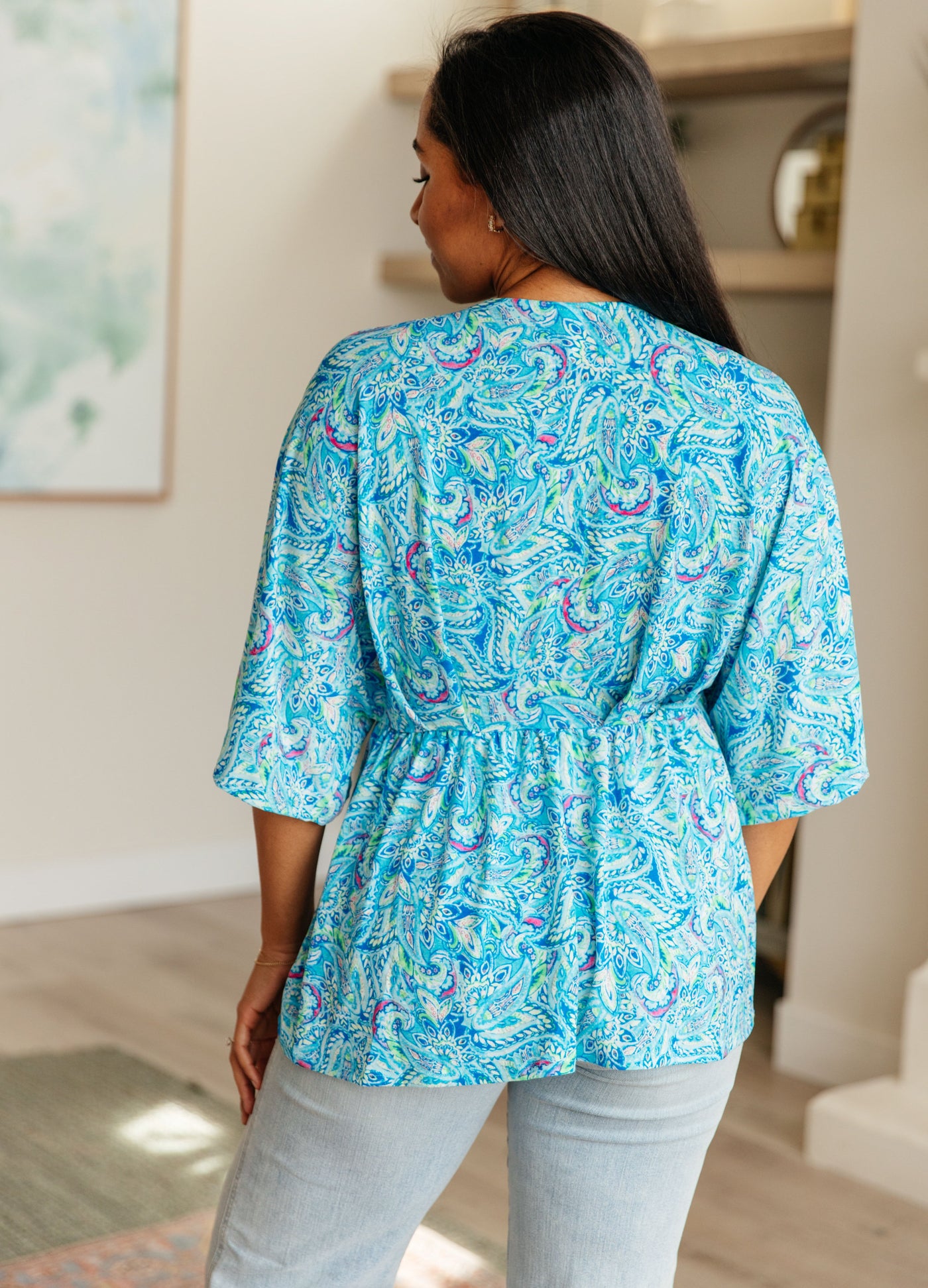 Dreamer Peplum Top in Blue and Teal Paisley