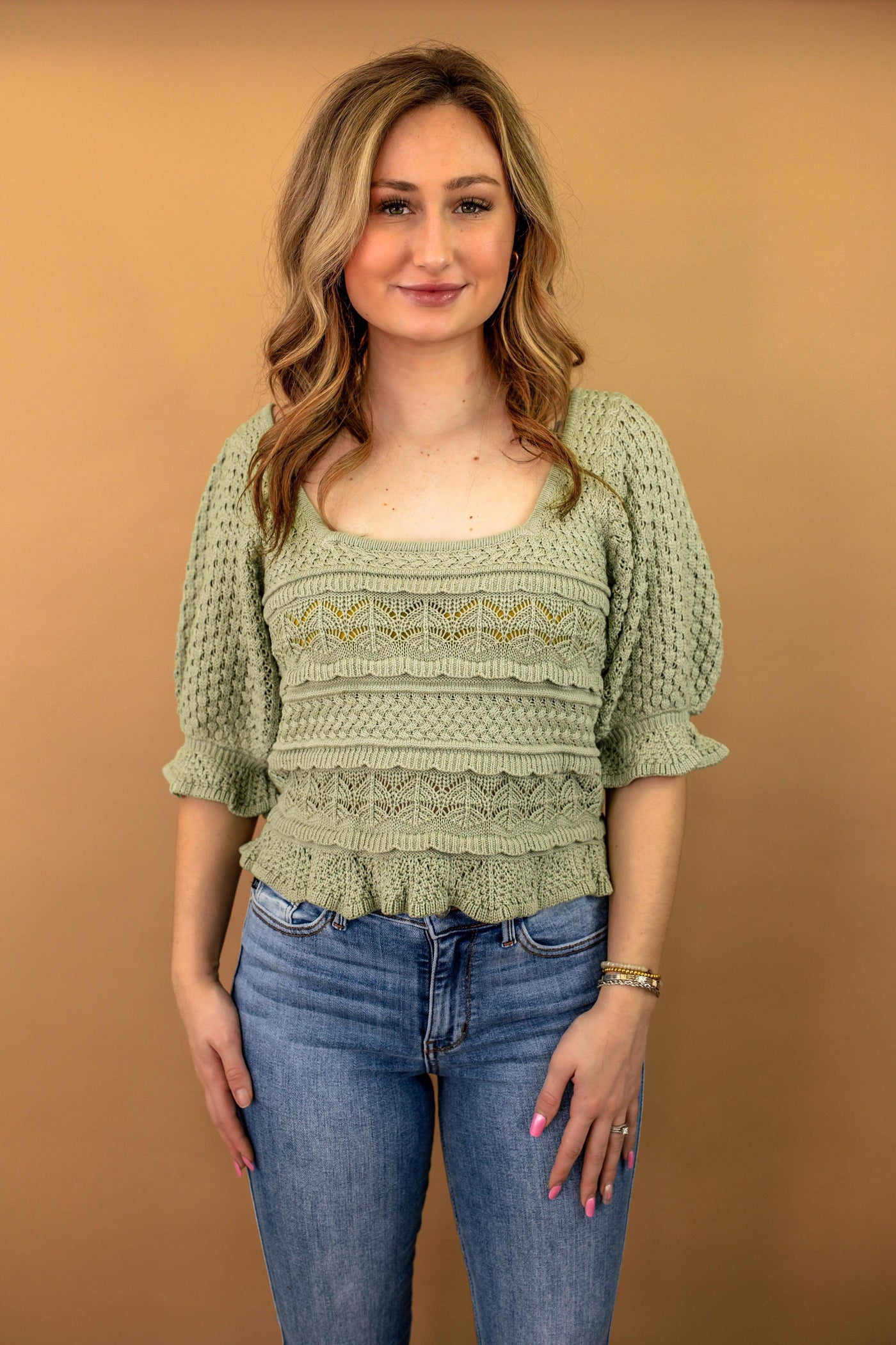 Chelsey Eyelet Knit Top in Sage