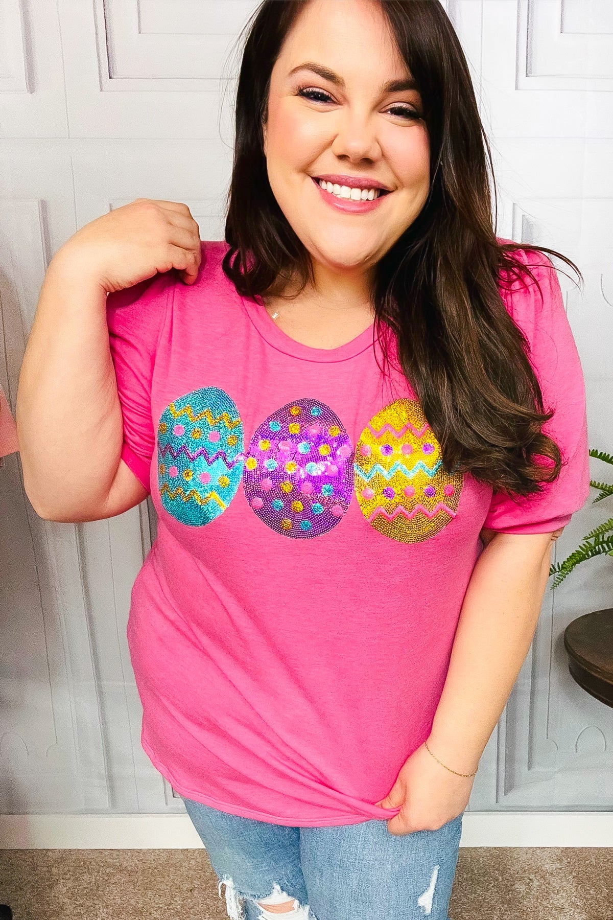 Turn Heads Sequin Easter Egg Terry Top in Hot Pink