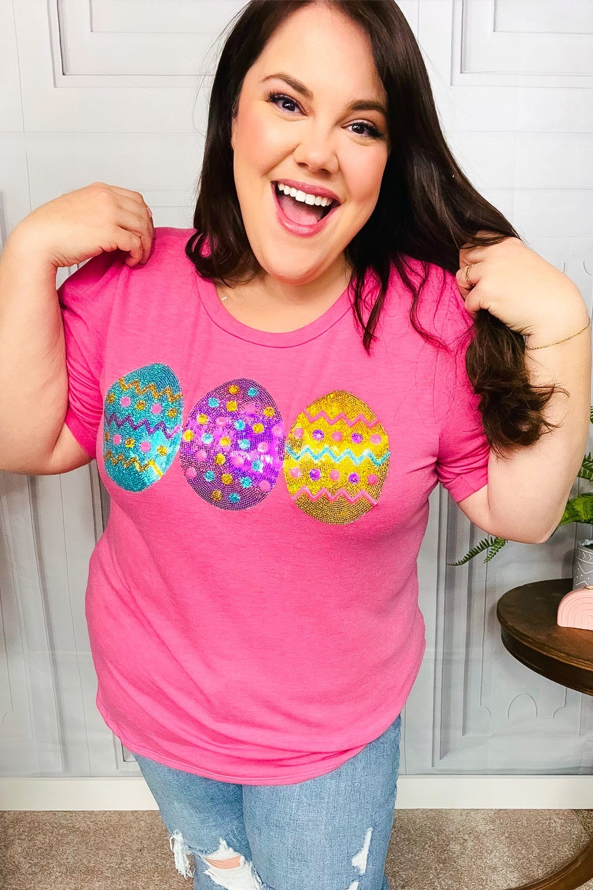 Turn Heads Sequin Easter Egg Terry Top in Hot Pink