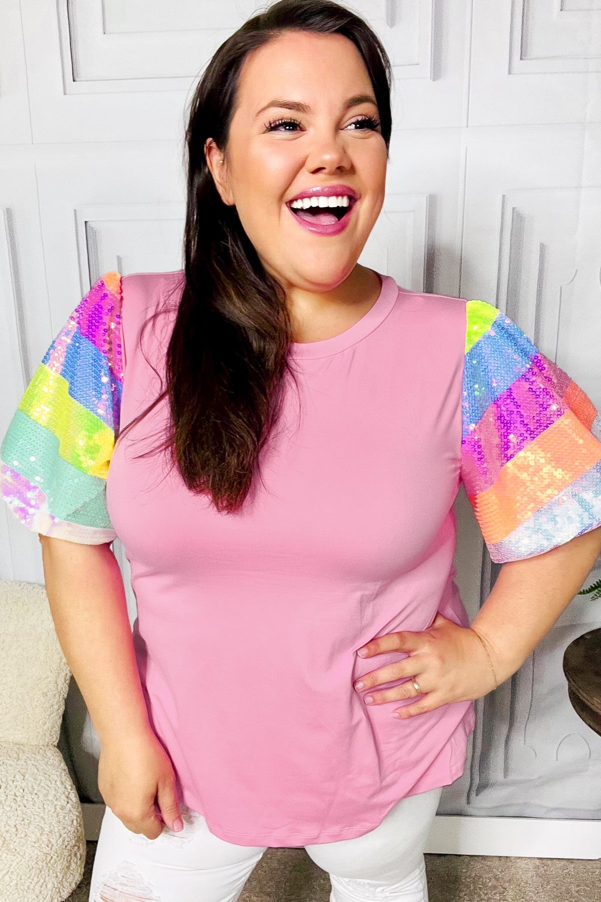 Stand Out Rainbow Sequin Puff Sleeve Top in Pink