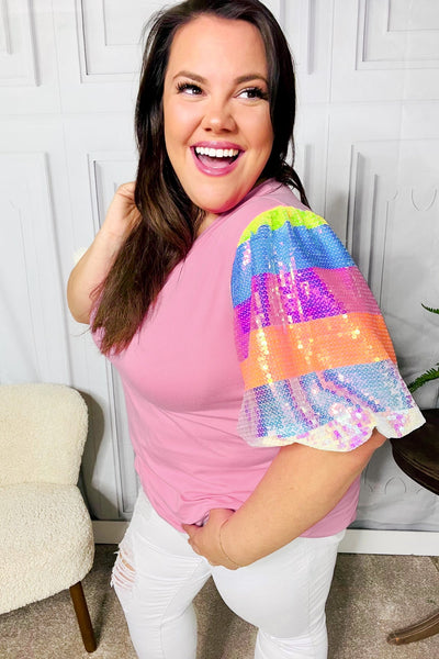 Stand Out Rainbow Sequin Puff Sleeve Top in Pink