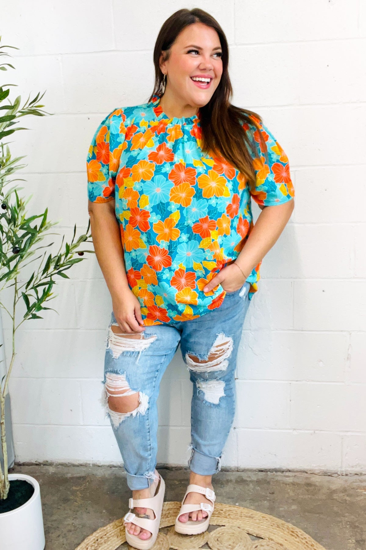 Vacay Ready Mock Neck Top - Blue & Orange