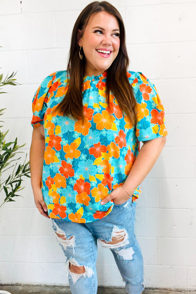 Vacay Ready Mock Neck Top - Blue & Orange