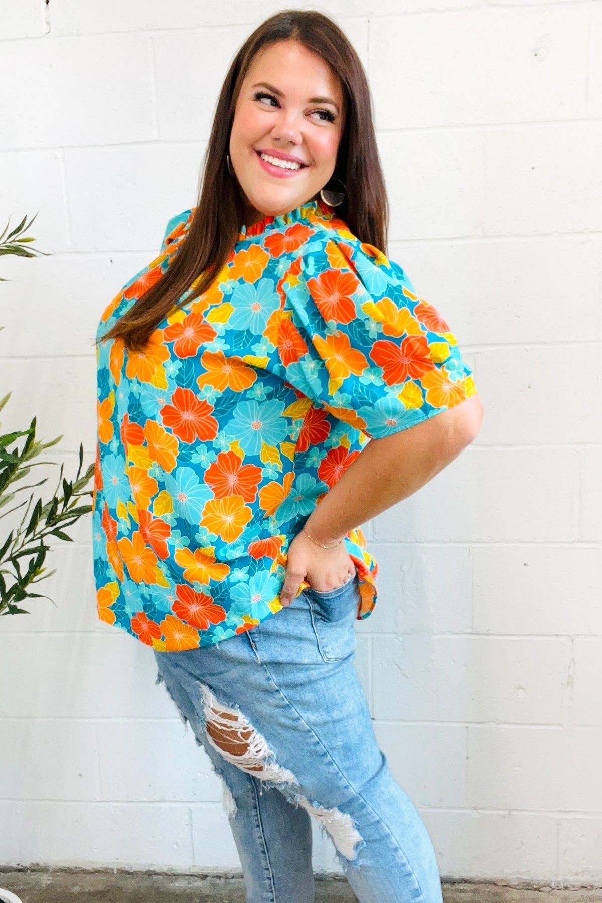 Vacay Ready Mock Neck Top - Blue & Orange