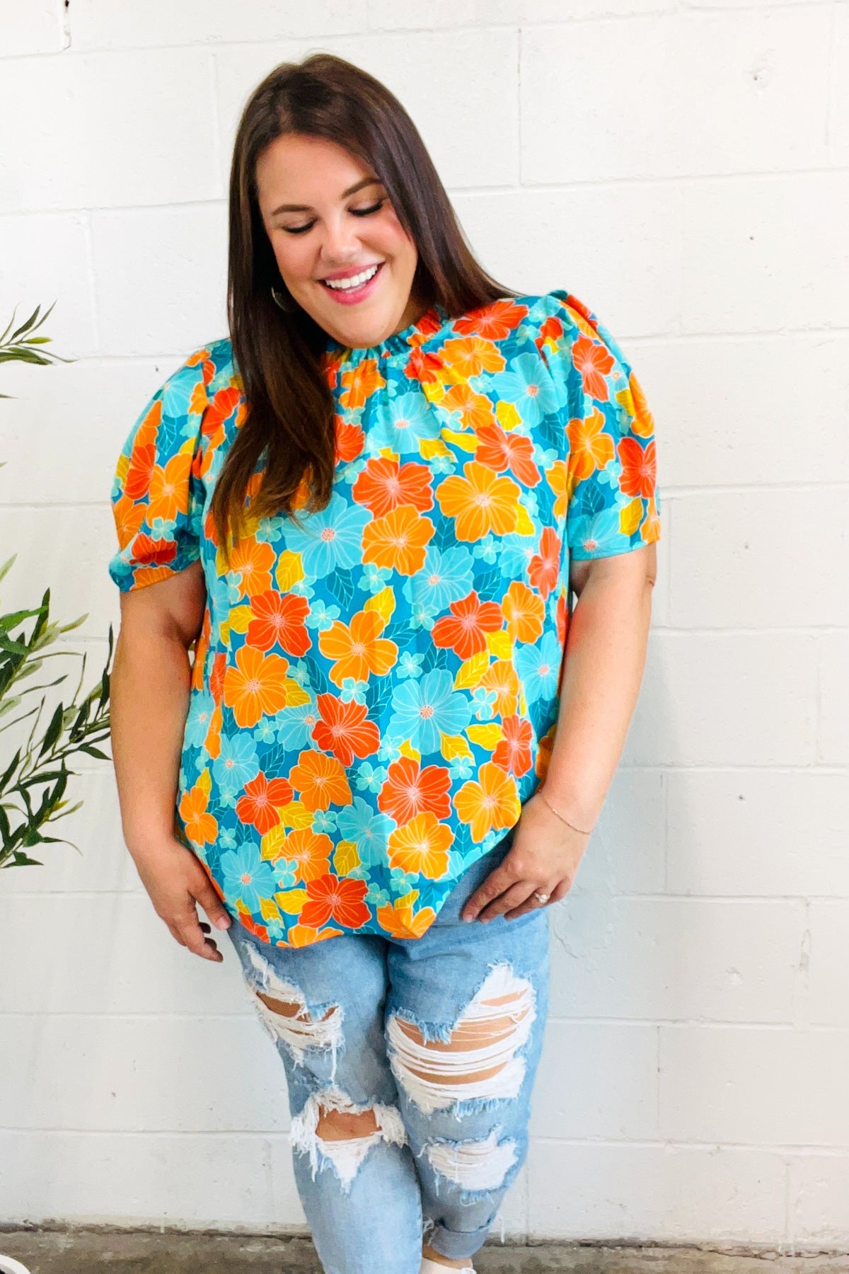 Vacay Ready Mock Neck Top - Blue & Orange