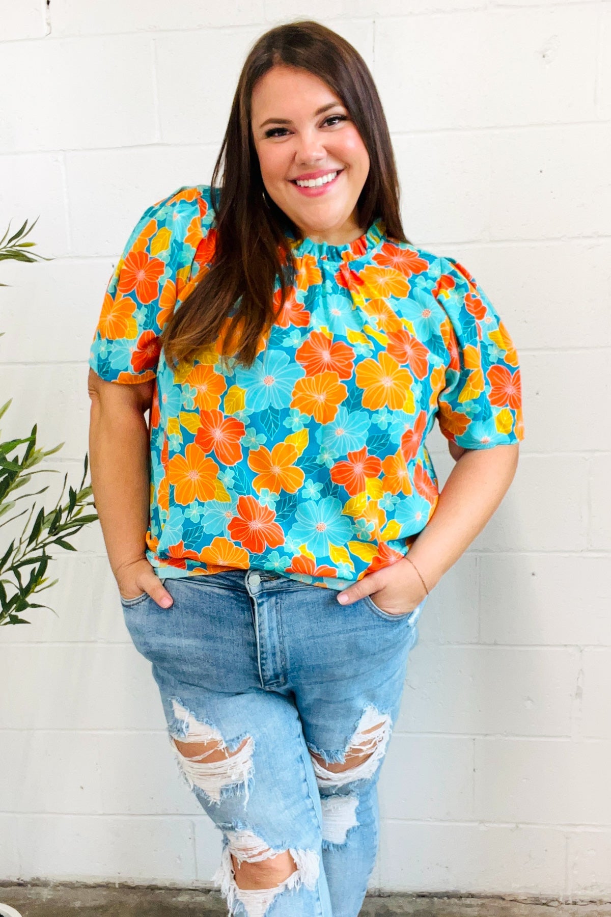 Vacay Ready Mock Neck Top - Blue & Orange