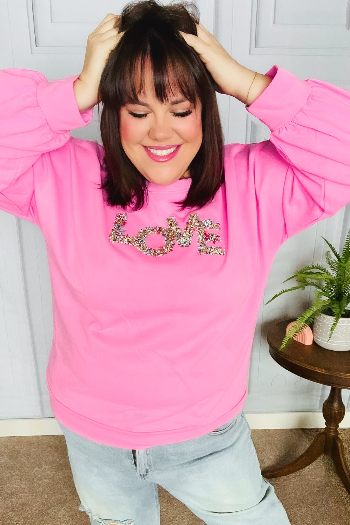 Pink "LOVE" Jewel Beaded Patch Pullover Top