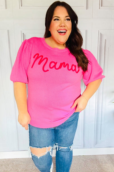 Take A Bow "Mama" Embroidery Sweater Top in Pink