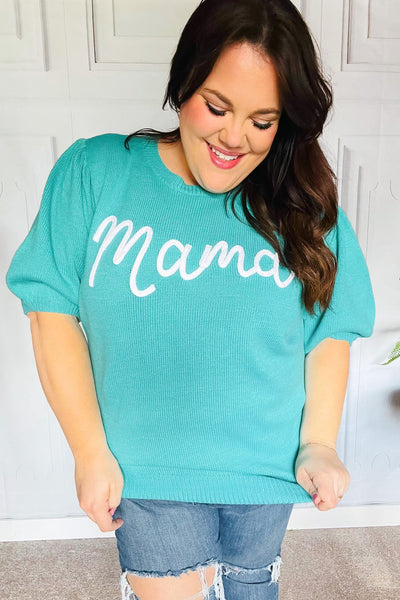 Take A Bow "Mama" Embroidery Pop-Up Top in Mint