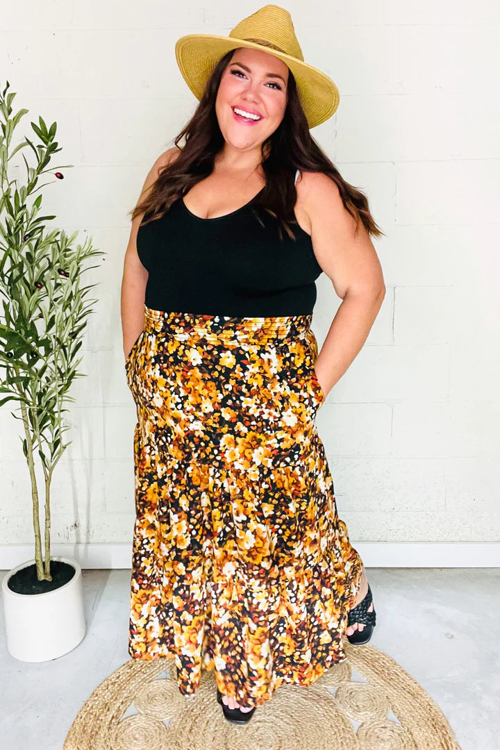 Casual Living Floral Tiered Smocked Waist Midi Skirt in Black