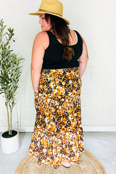 Casual Living Floral Tiered Smocked Waist Midi Skirt in Black