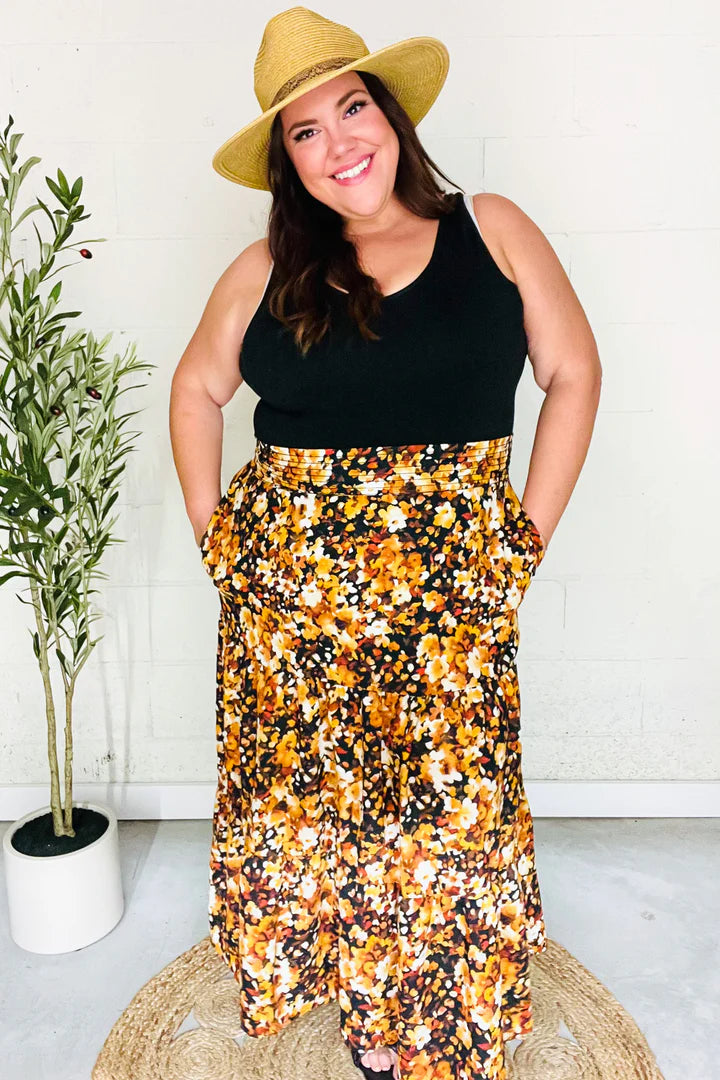 Casual Living Floral Tiered Smocked Waist Midi Skirt in Black