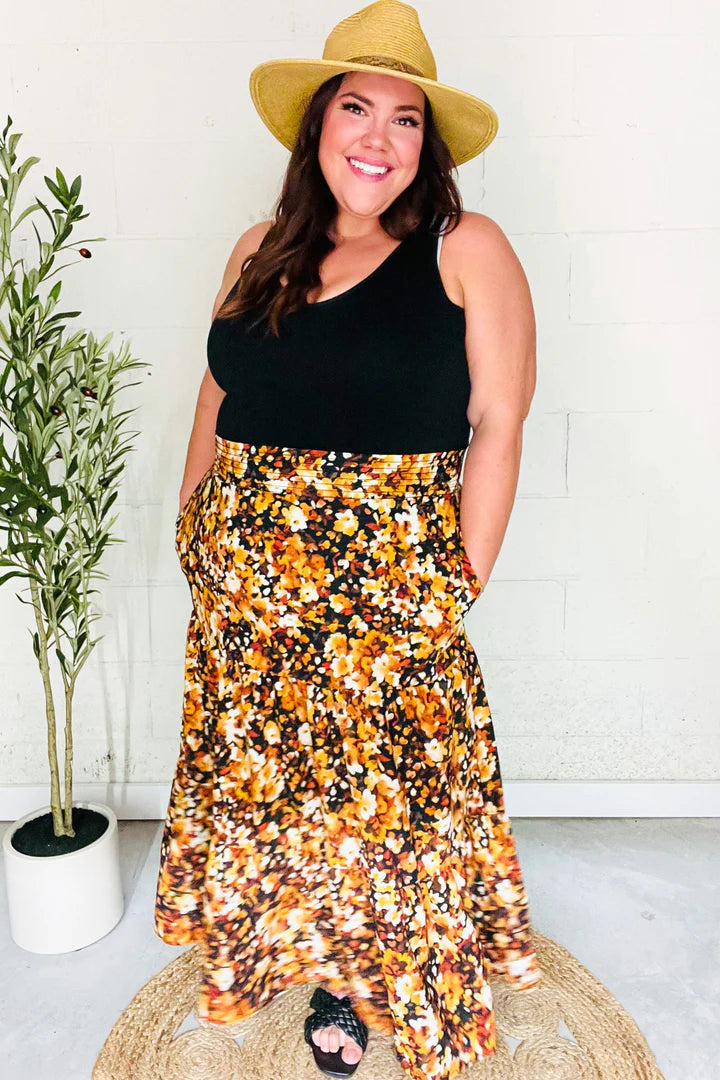 Casual Living Floral Tiered Smocked Waist Midi Skirt in Black