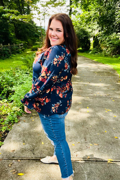 Lovely In Navy Floral Print Smocked Bubble Sleeve Woven Top