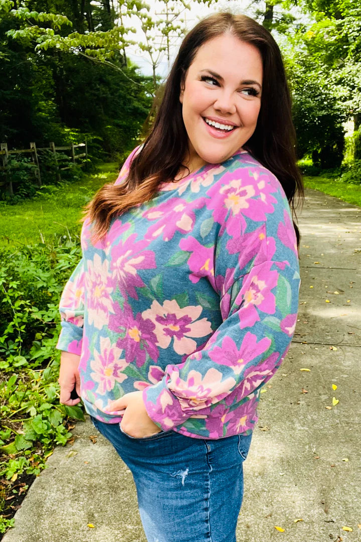 Feeling Femme Floral Brushed Hacci Sweater Top in Teal