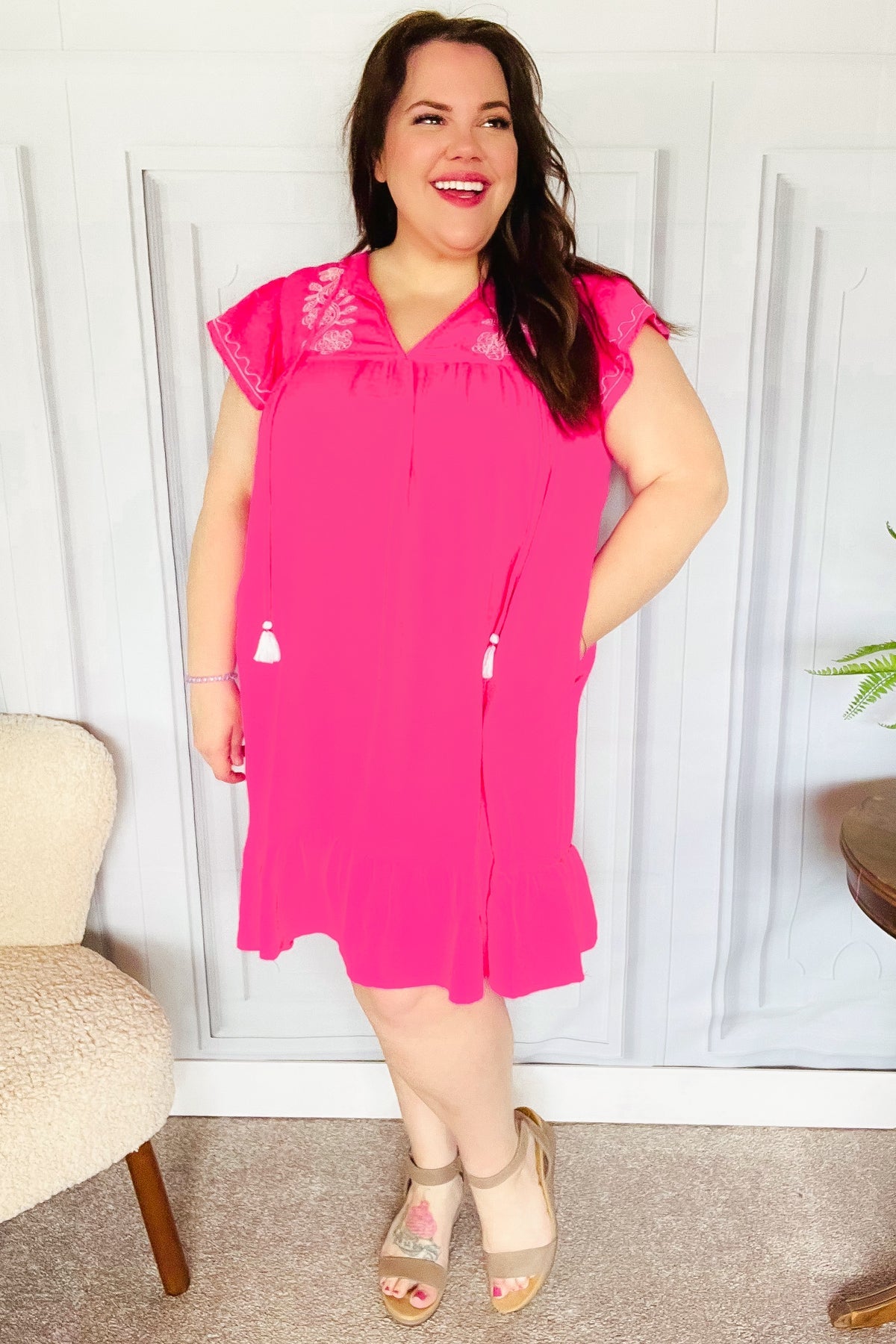 Bright Thoughts Embroidered Tassel Dress in Hot Pink