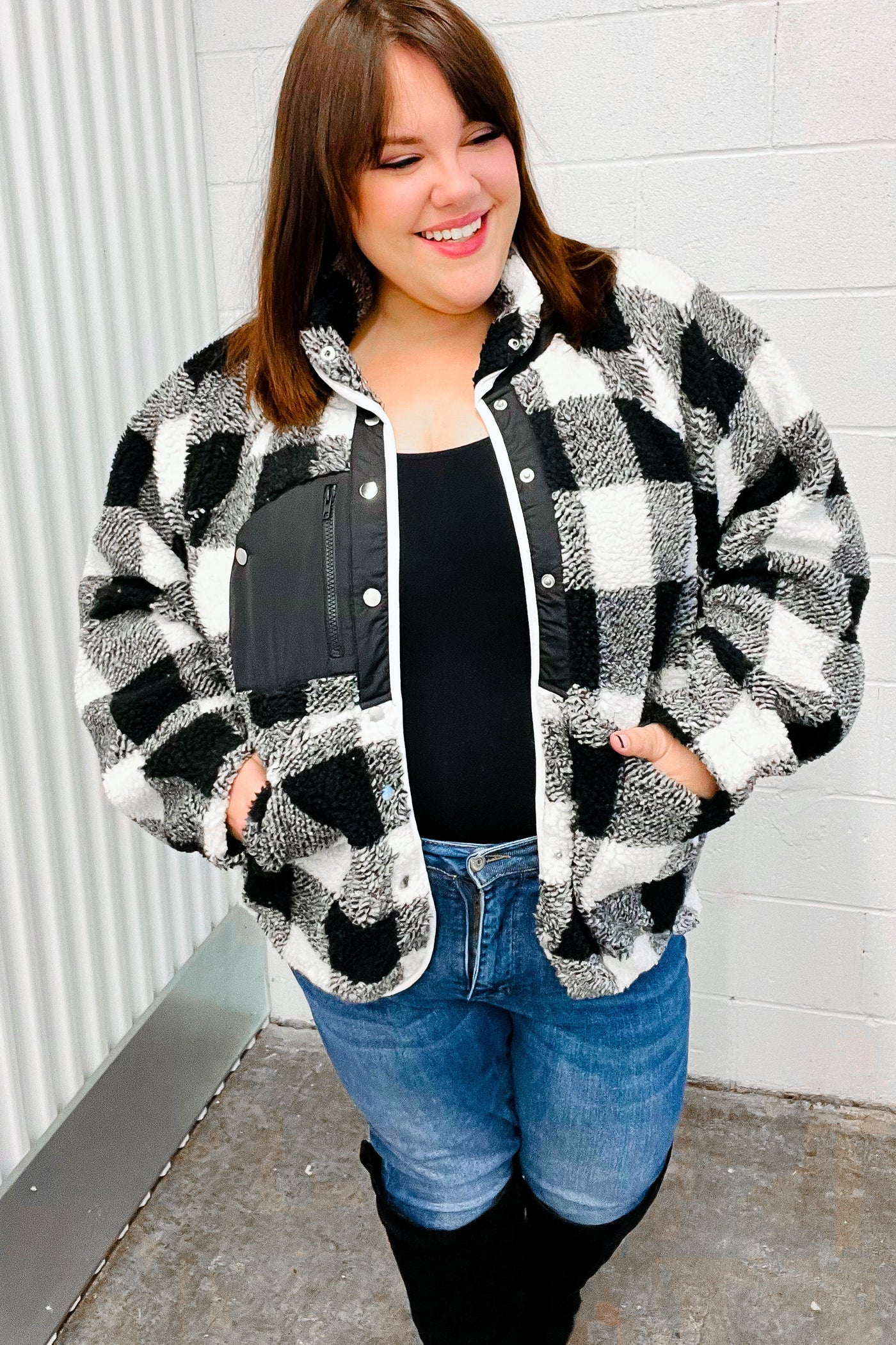It's Your Best Plaid Sherpa Jacket in Black