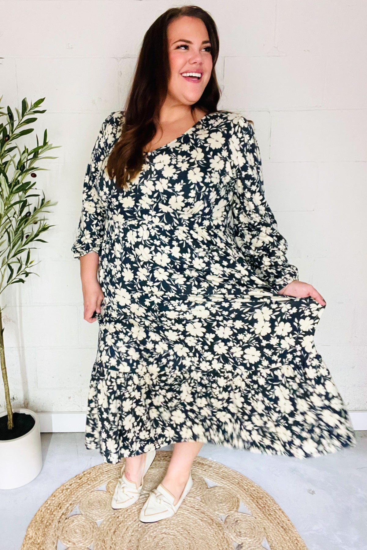 Autumn Vibes Charcoal Vintage Floral V Neck Ruffle Hem Midi Dress