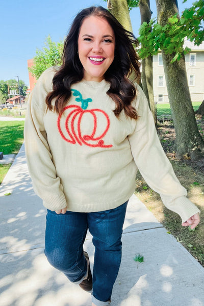 Pumpkin Embroidered Oversized Sweater - Taupe