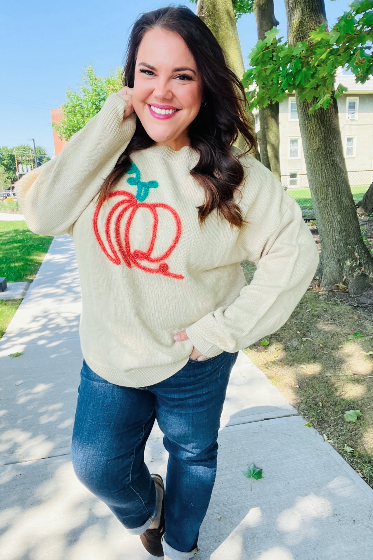 Pumpkin Embroidered Oversized Sweater - Taupe