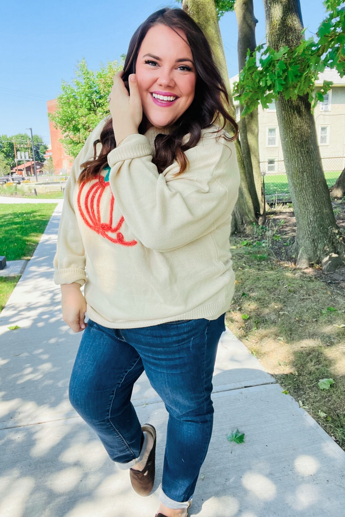 Pumpkin Embroidered Oversized Sweater - Taupe