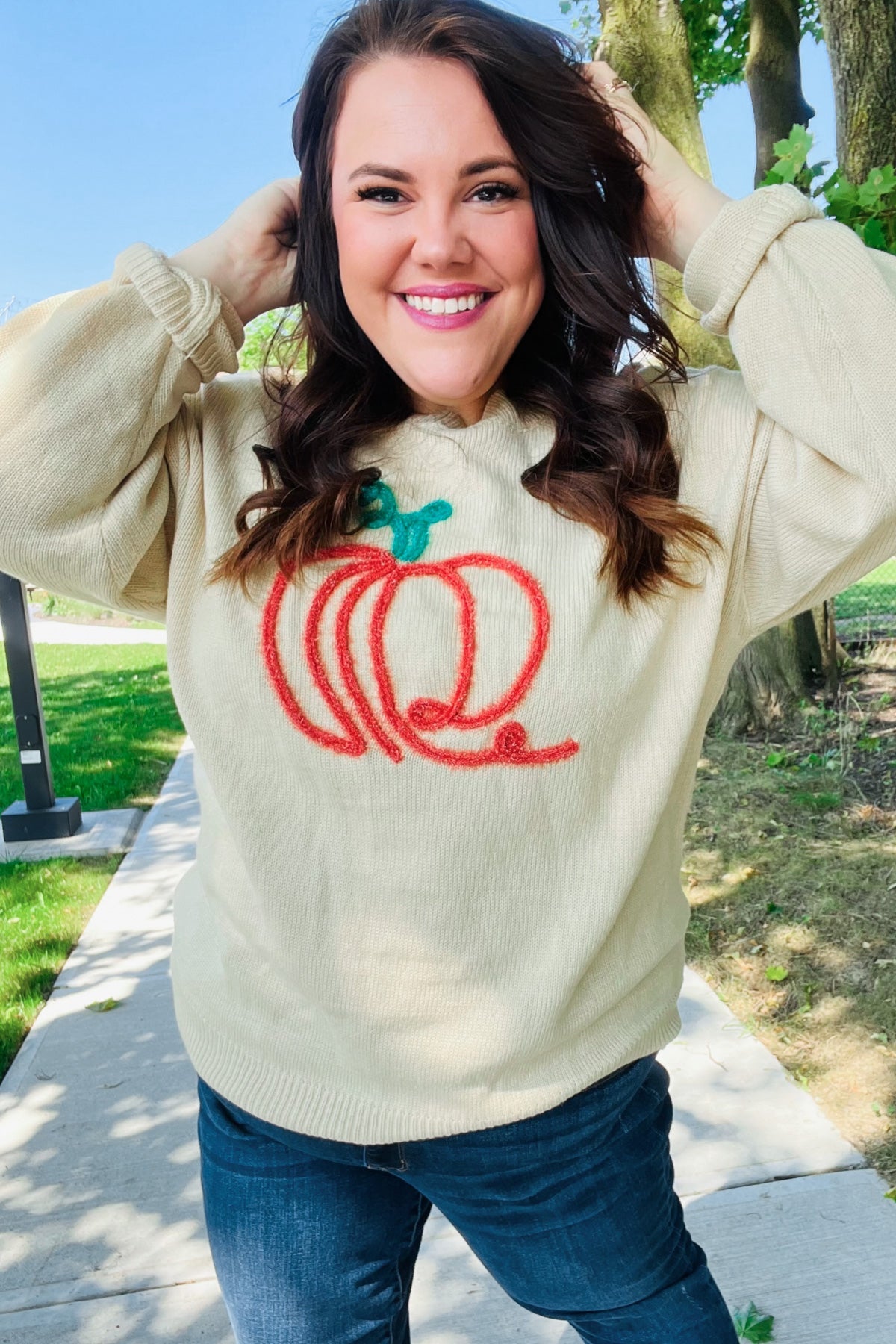 Pumpkin Embroidered Oversized Sweater - Taupe