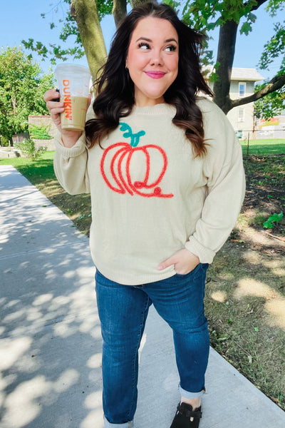 Pumpkin Embroidered Oversized Sweater - Taupe