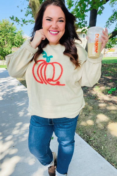 Pumpkin Embroidered Oversized Sweater - Taupe