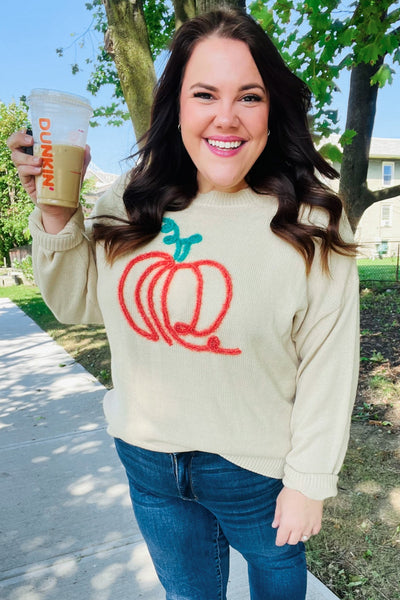 Pumpkin Embroidered Oversized Sweater - Taupe