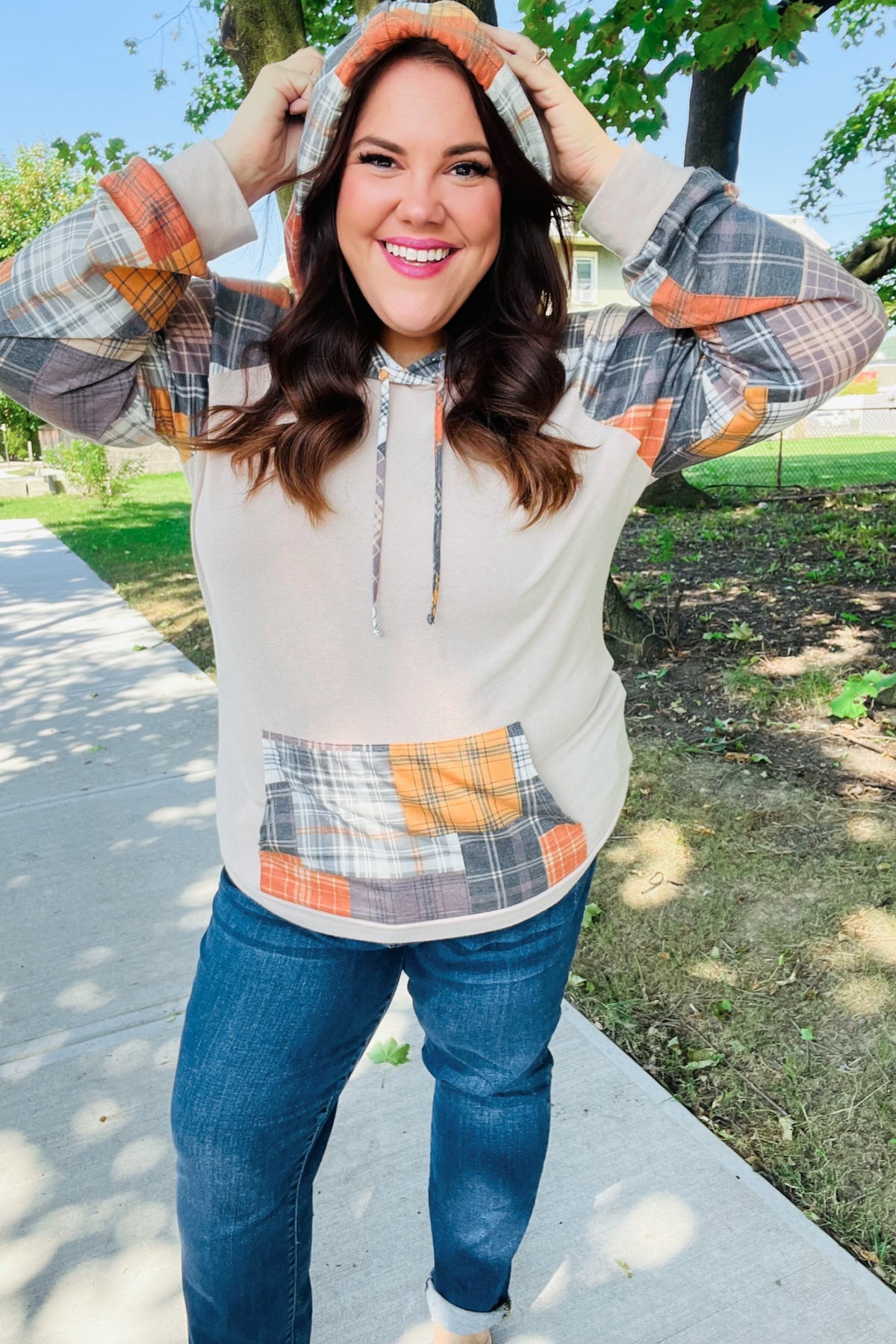 Orange & Taupe Plaid Terry Kangaroo Pocket Hoodie