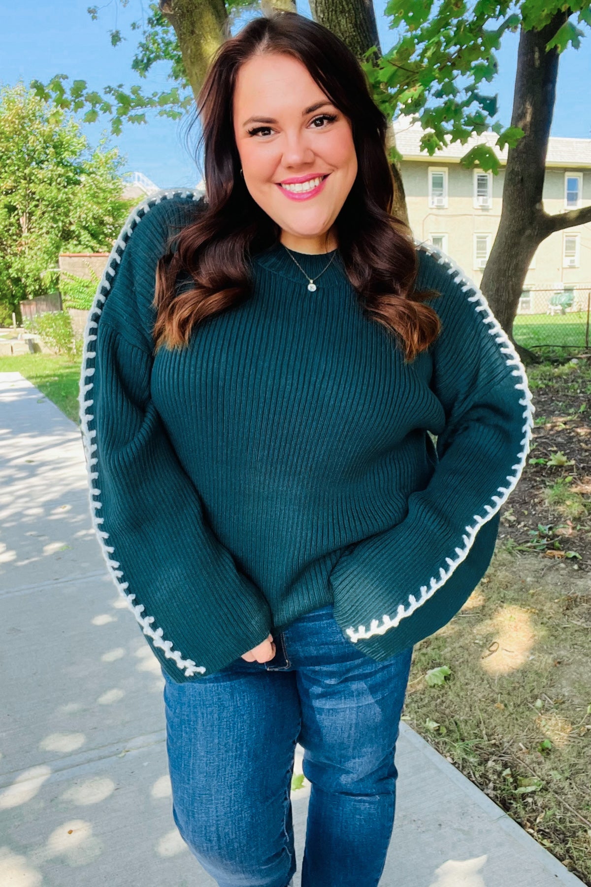 Fall Vibes Oversized Sweater - Hunter Green