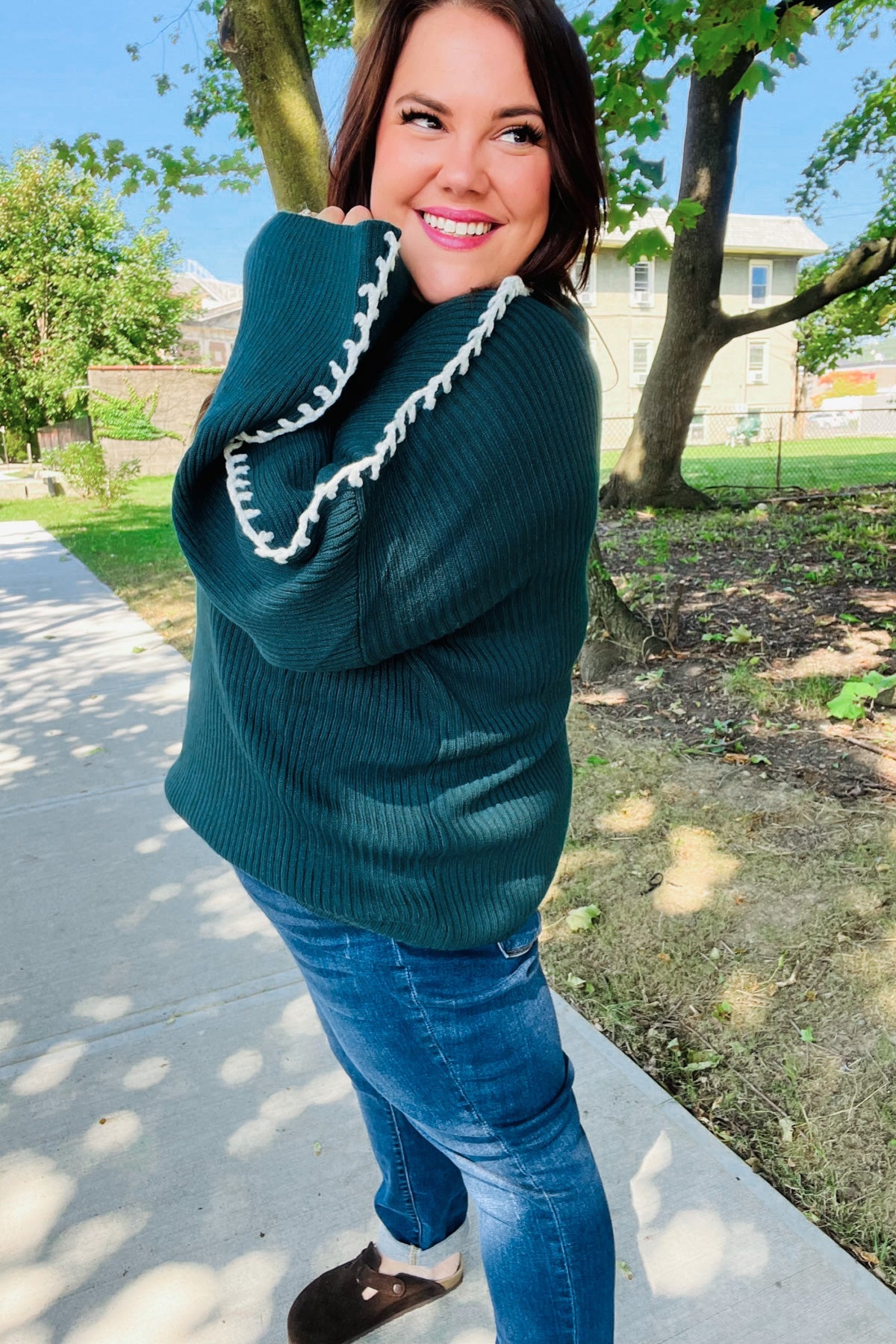 Fall Vibes Oversized Sweater - Hunter Green