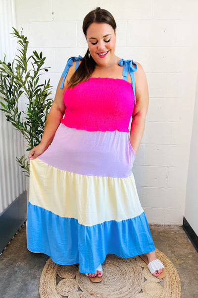 Vacay Vibes Hot Pink & Blue Smocked Color Block Maxi Dress