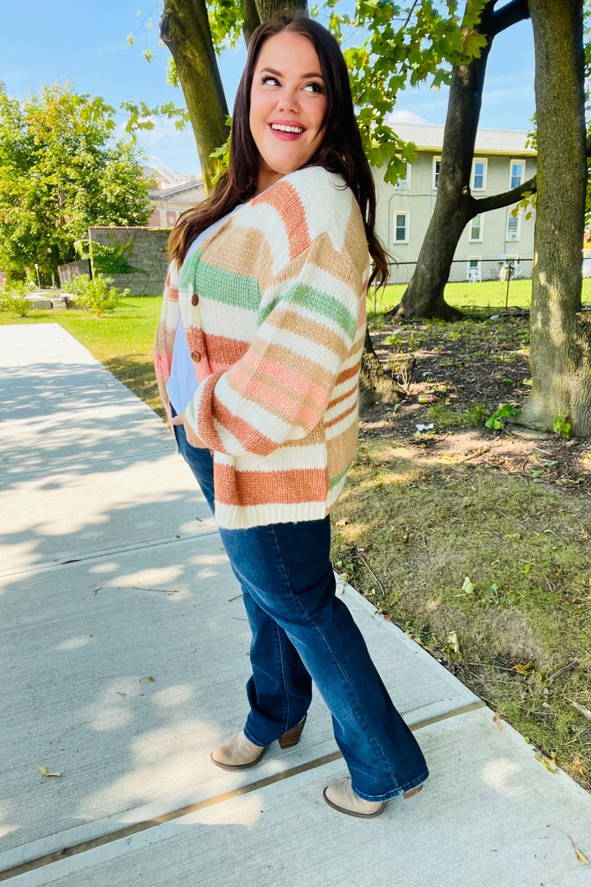 Fall Vibes Stripe Button Down Cardigan - Taupe & Sage