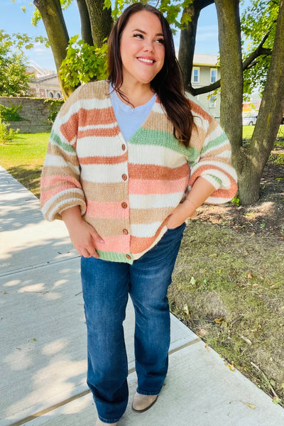 Fall Vibes Stripe Button Down Cardigan - Taupe & Sage