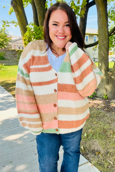 Fall Vibes Stripe Button Down Cardigan - Taupe & Sage