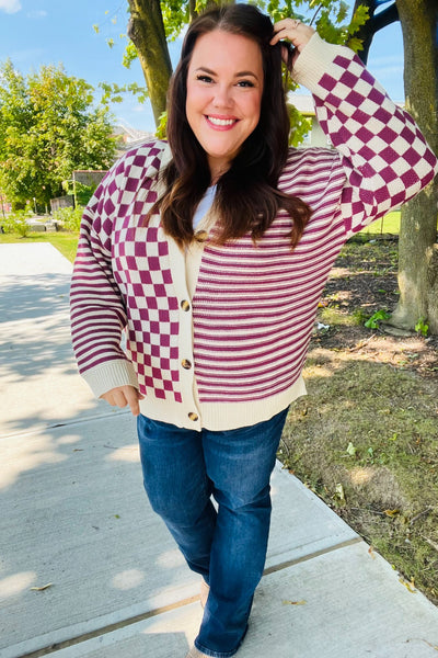 Cozy Days Checkered & Striped Cardigan - Magenta