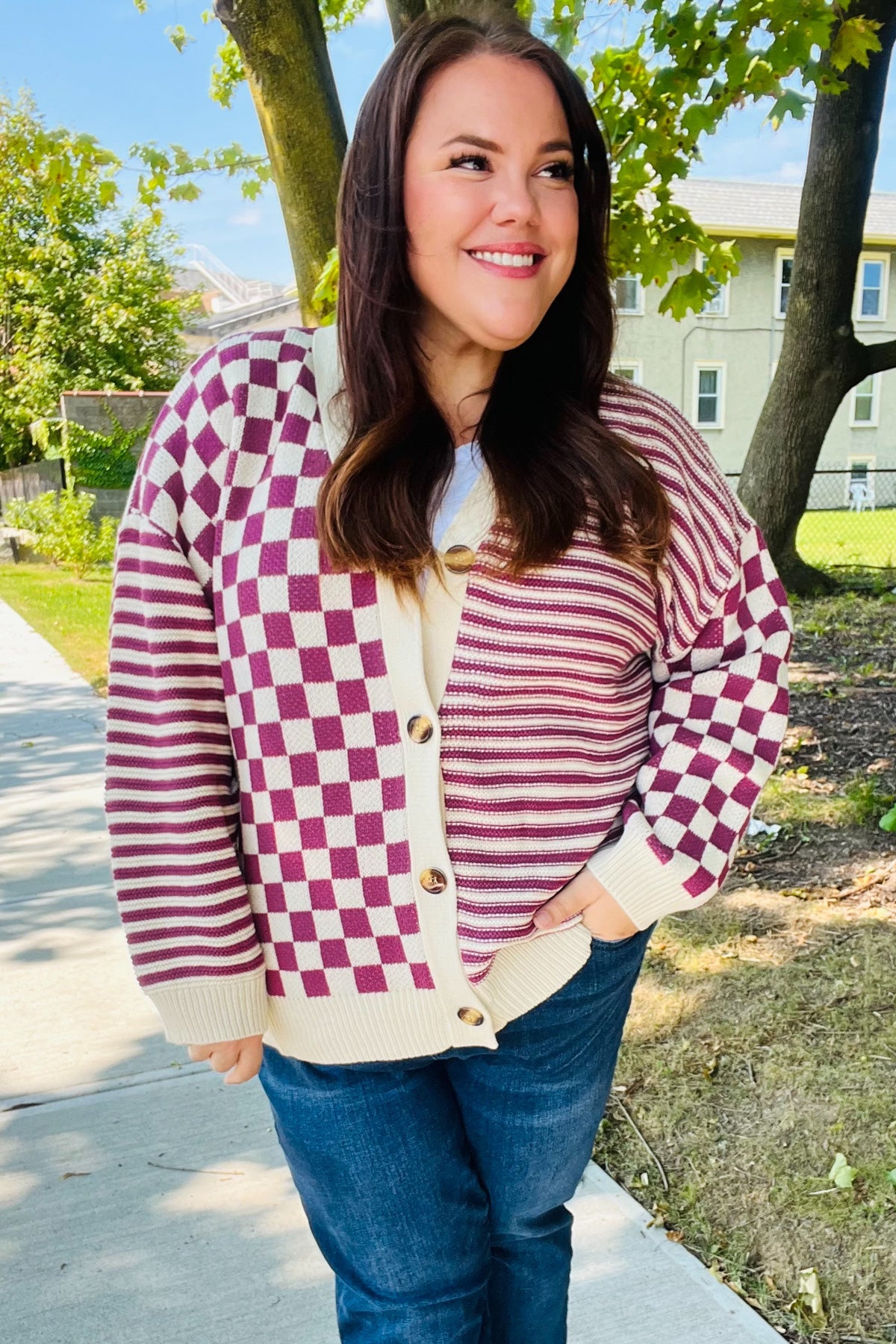 Cozy Days Checkered & Striped Cardigan - Magenta