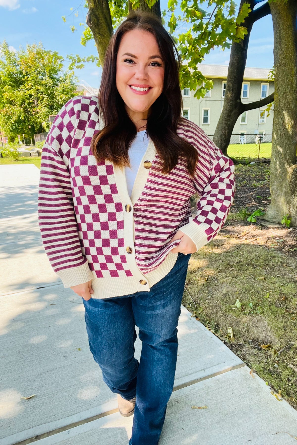 Cozy Days Checkered & Striped Cardigan - Magenta