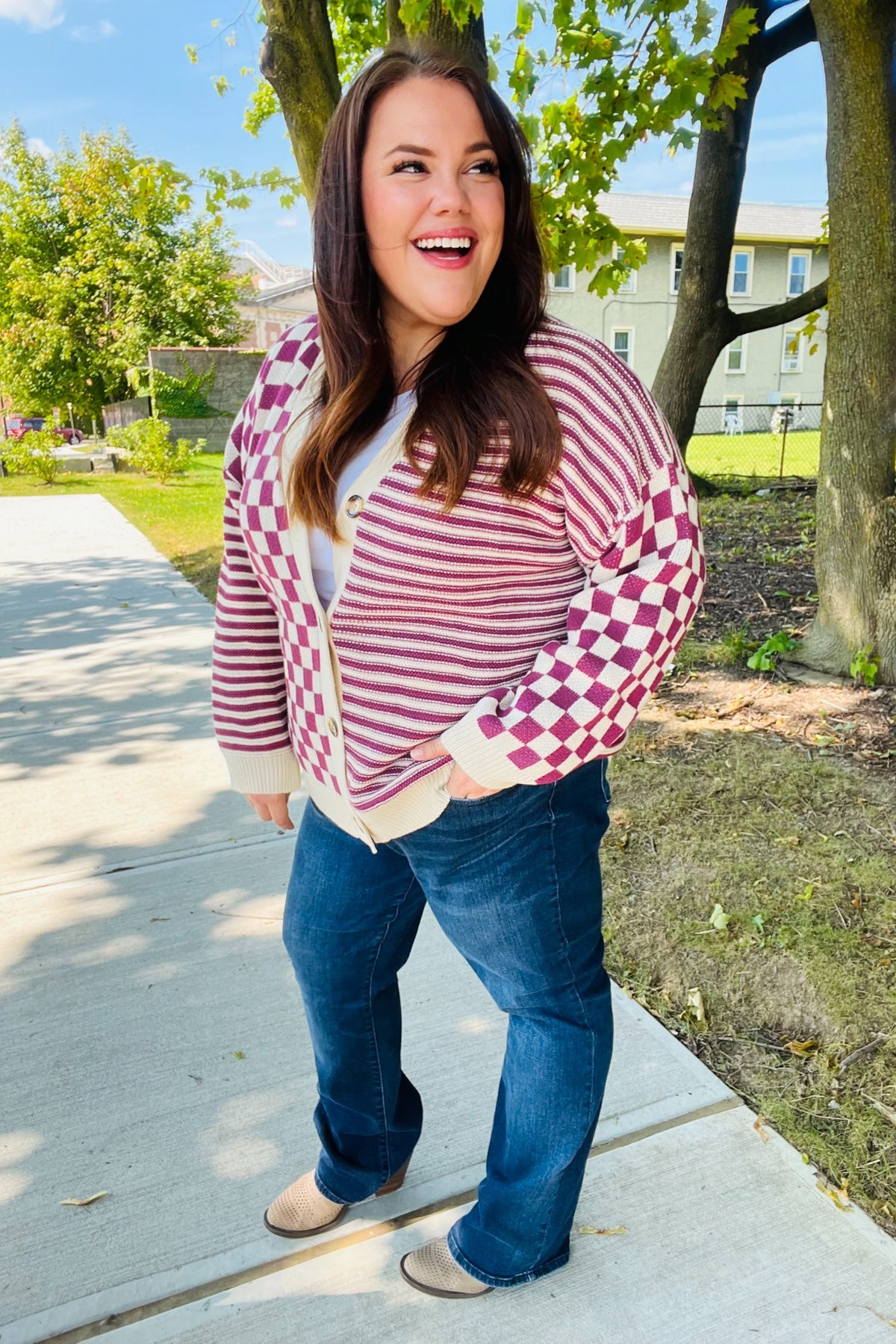 Cozy Days Checkered & Striped Cardigan - Magenta