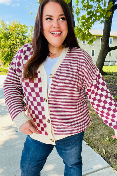 Cozy Days Checkered & Striped Cardigan - Magenta