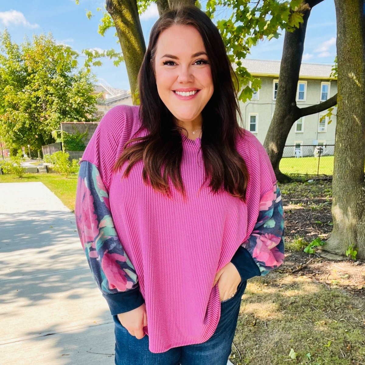 Weekend Ready Magenta & Navy Floral Mineral Wash Rib Dolman Top